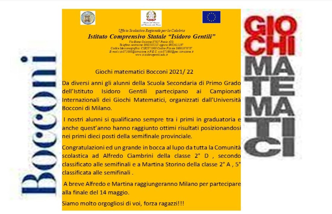 CONGRATULAZIONI GIOCHI MATEMATICI UNIVERSITA BOCCONI